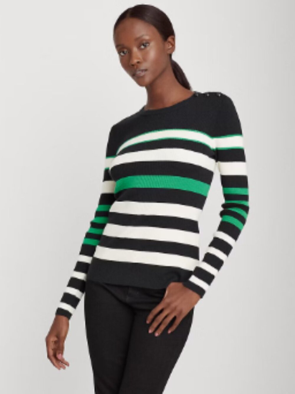 Lauren Ralph Lauren Ribbed Sweater Cotton Blend Black Green White Striped Sz XL
